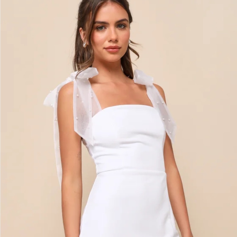 Lulu's White Mini Dress with Sheer Pearl-Tie Straps